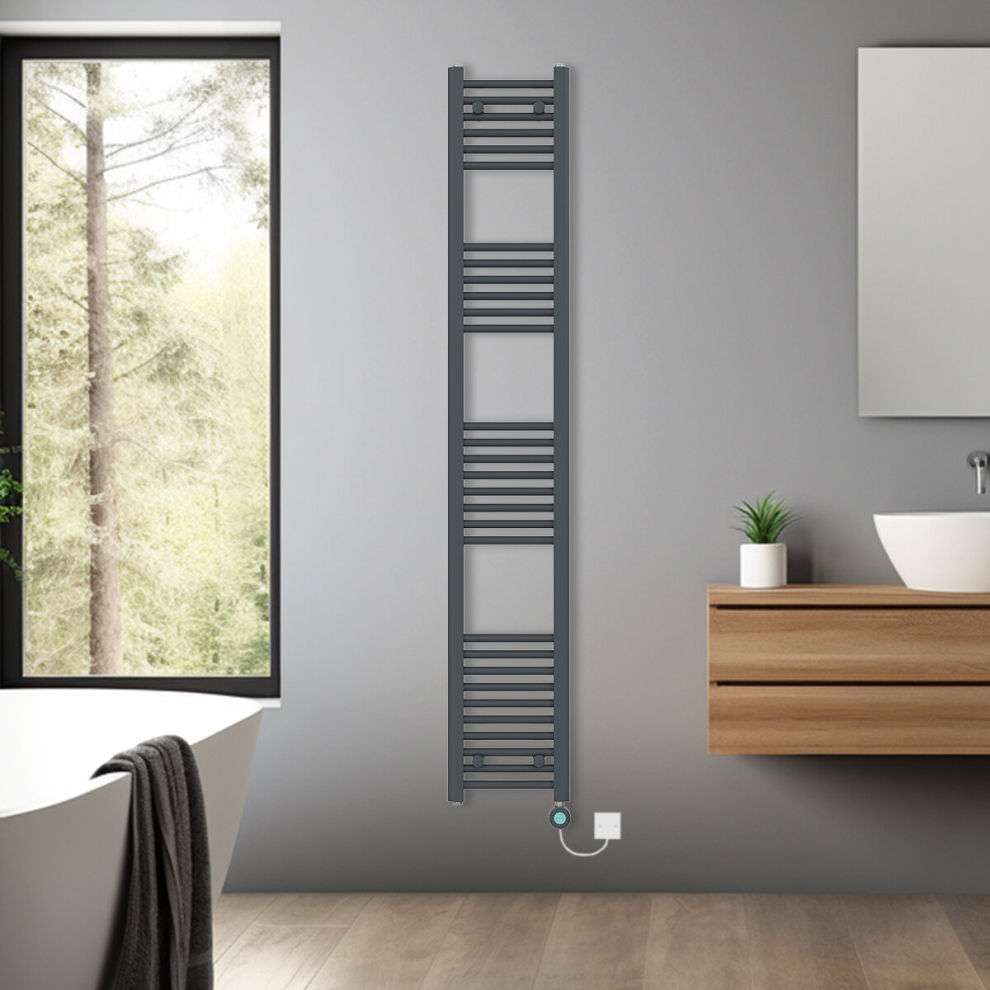 (Anthracite, 1800x300mm) Bathroom Prefilled Electric Heated Towel Rail Straight Radiator Thermo Smart WiFi