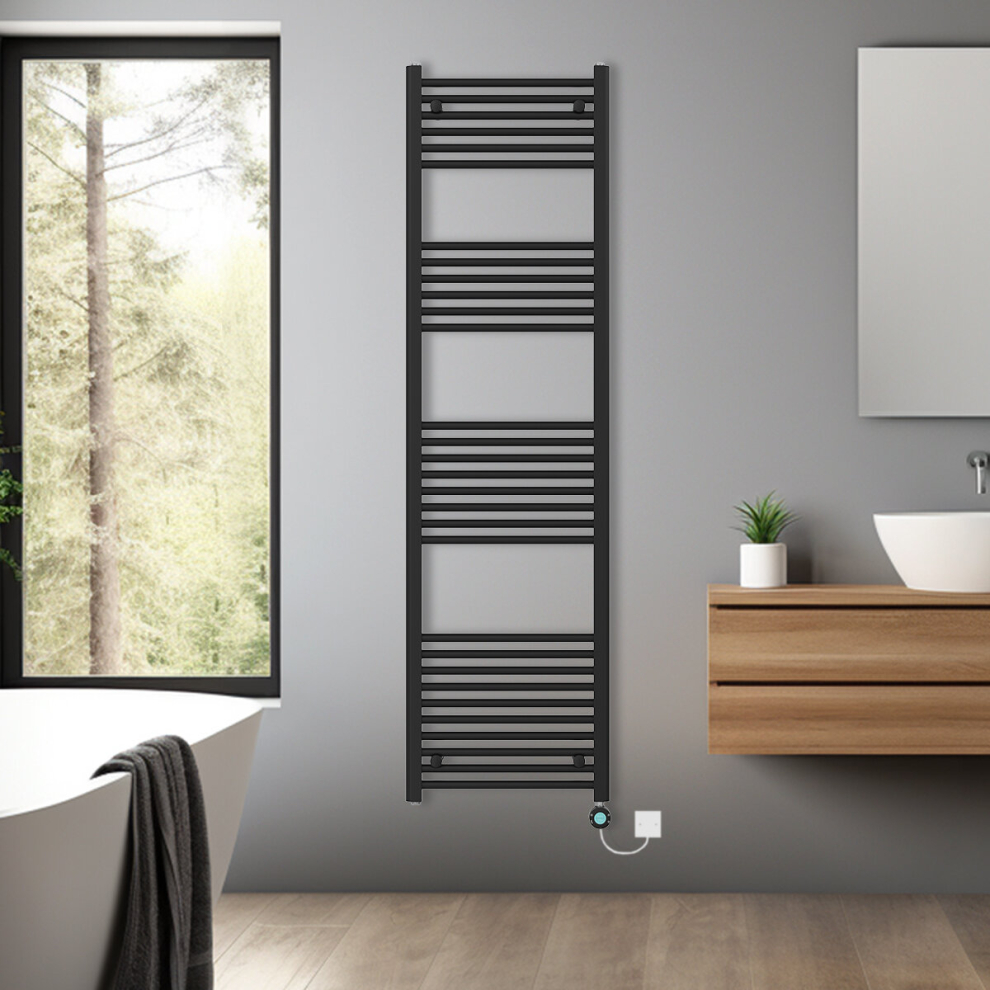 (Black, 1800x500mm) Bathroom Prefilled Electric Heated Towel Rail Straight Radiator Thermo Smart WiFi