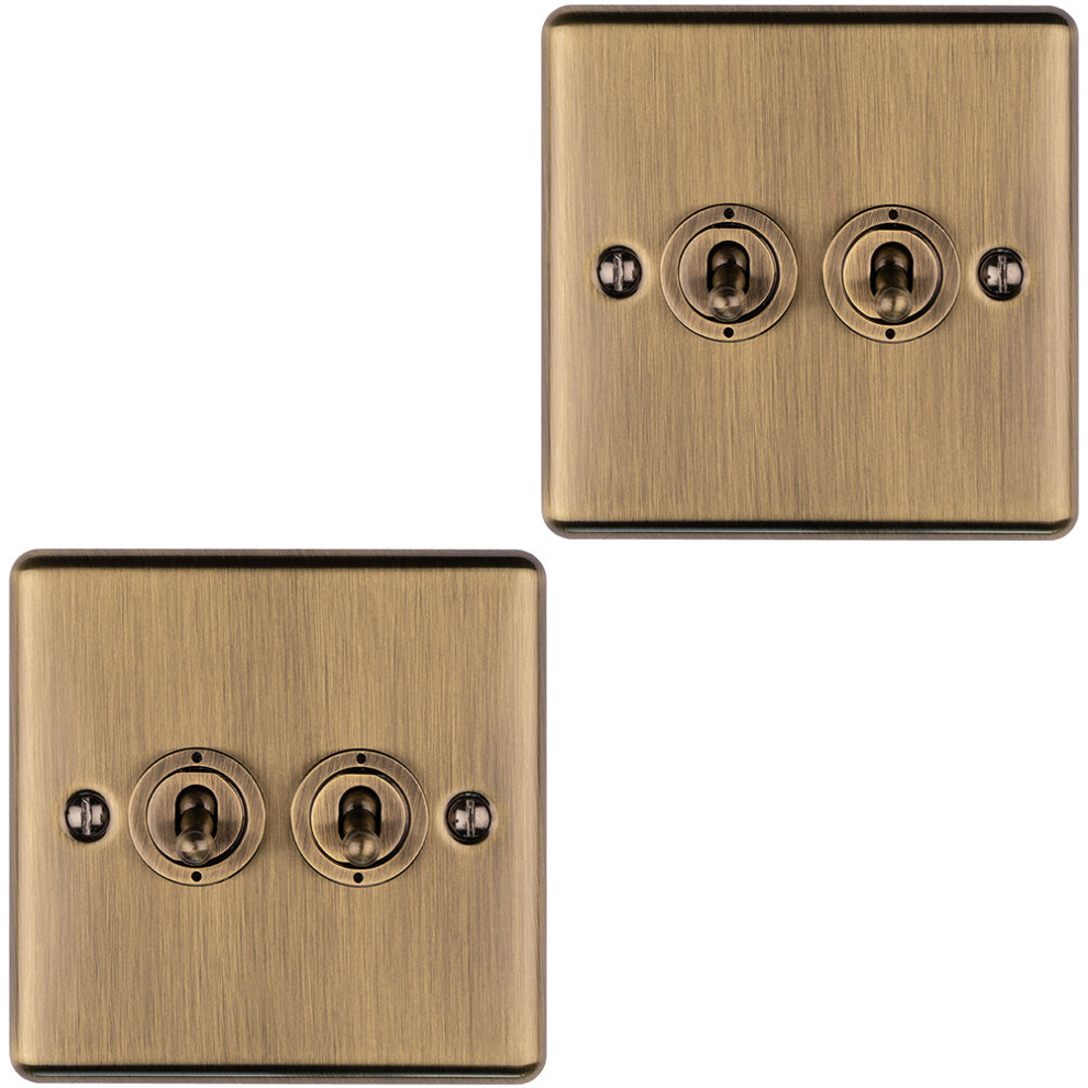 2 PACK 2 Gang Double Retro Toggle Light Switch ANTIQUE BRASS 10A 2 Way Plate