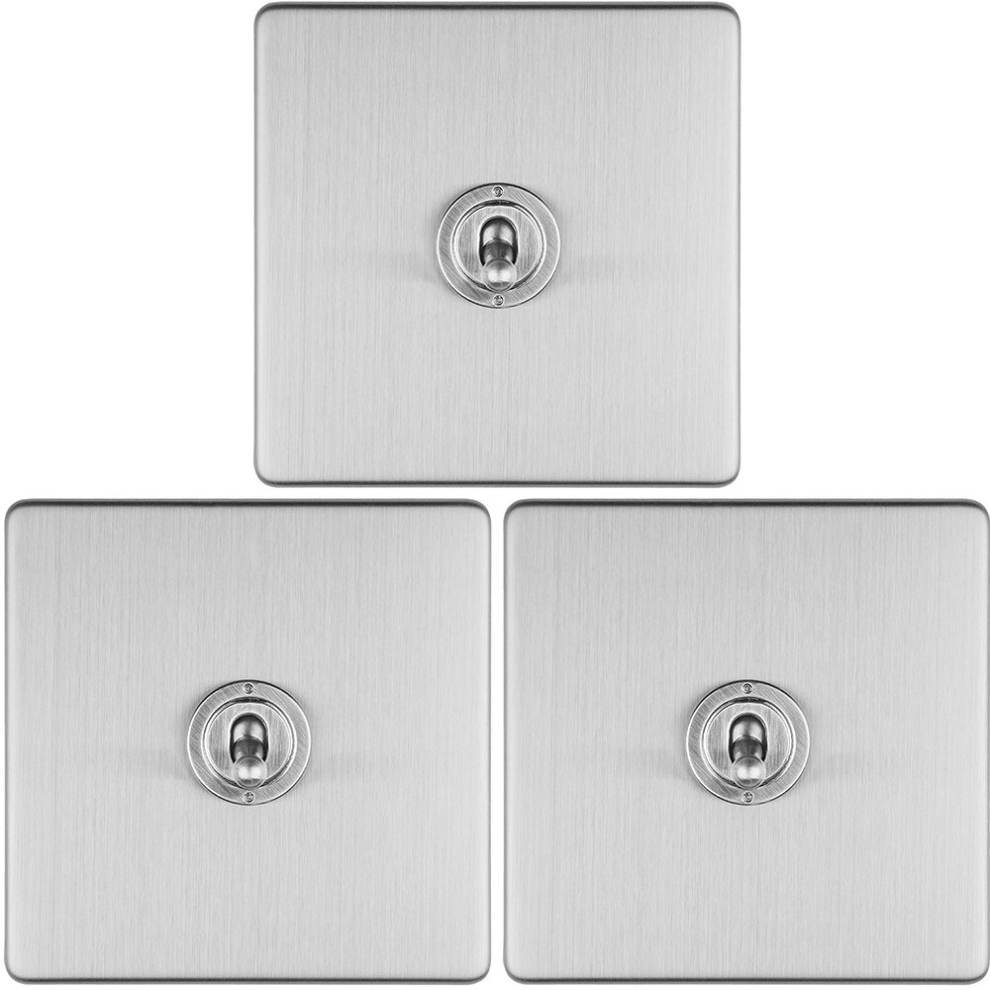 3 PACK 1 Gang Single Retro Toggle Light Switch SCREWLESS SATIN STEEL 10A 2 Way