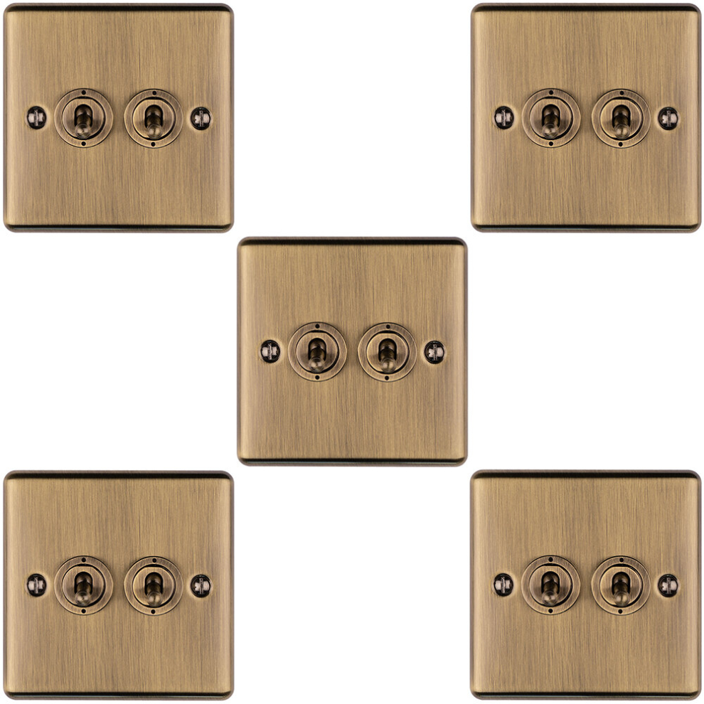 5 Pack 2 Gang Double Retro Toggle Light Switch Antique Brass 10A 2 Way Plate 5056581966216