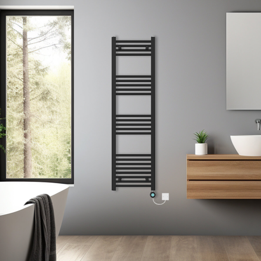 (Black, 1400x400mm) Bathroom Prefilled Electric Heated Towel Rail Straight Radiator Thermo Smart WiFi