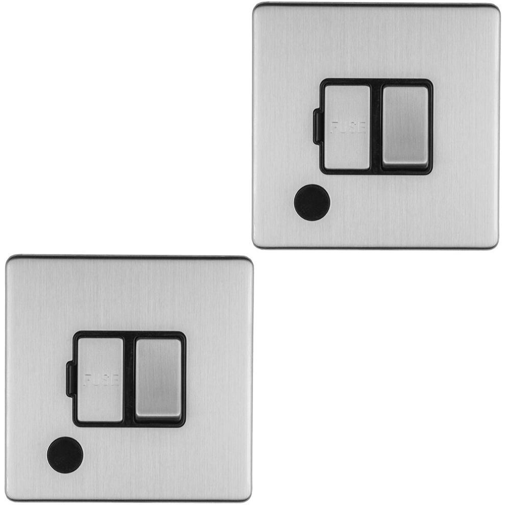 2 PACK 1 Gang 13A Switched Fuse Spur & Flex Outlet SCREWLESS SATIN STEEL Plate