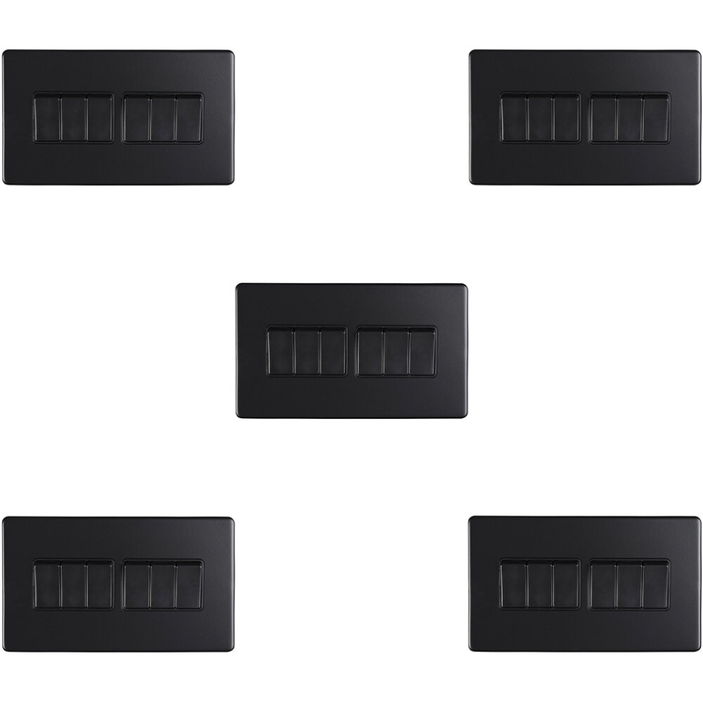 5 PACK 6 Gang Multi Light Switch SCREWLESS MATT BLACK 2 Way 10A Slim Rocker