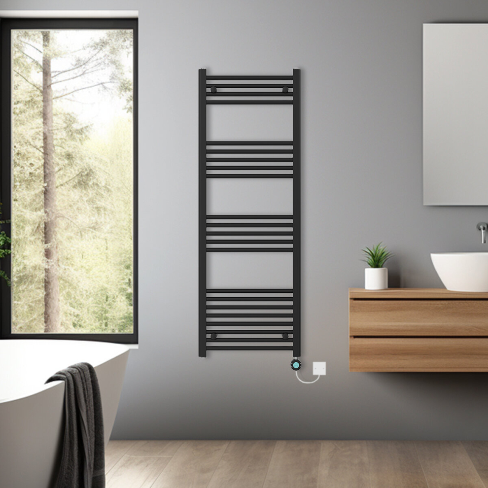 (Black, 1400x500mm) Bathroom Prefilled Electric Heated Towel Rail Straight Radiator Thermo Smart WiFi