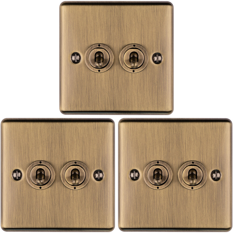 3 PACK 2 Gang Double Retro Toggle Light Switch ANTIQUE BRASS 10A 2 Way Plate