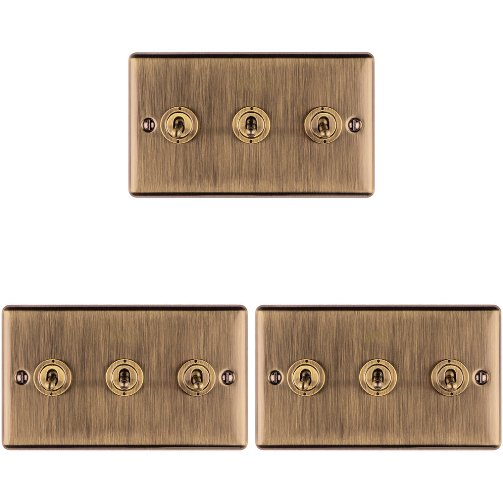 Loops 3 Pack 3 Gang Triple Retro Toggle Light Switch Antique Brass 10A 2 Way Plate