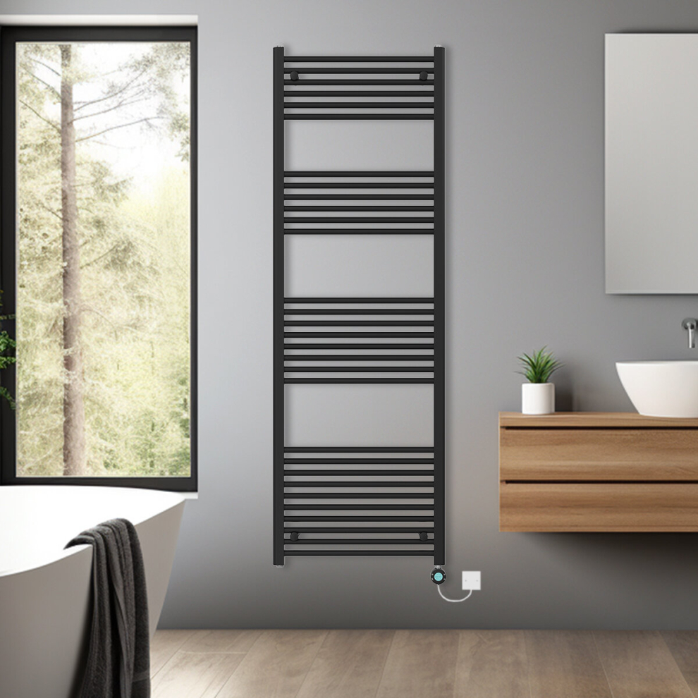 (Black, 1800x600mm) Bathroom Prefilled Electric Heated Towel Rail Straight Radiator Thermo Smart WiFi