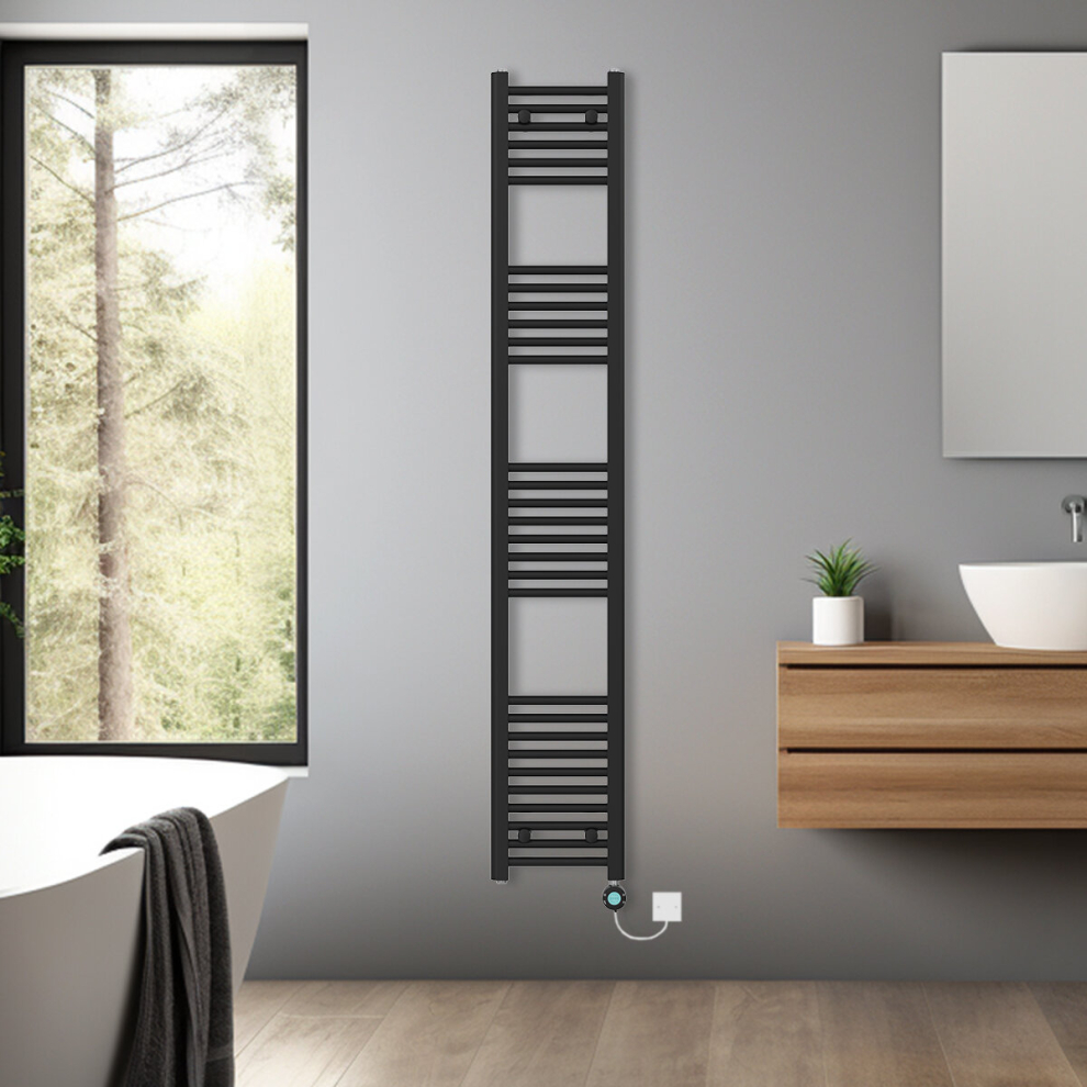 (Black, 1800x300mm) Bathroom Prefilled Electric Heated Towel Rail Straight Radiator Thermo Smart WiFi