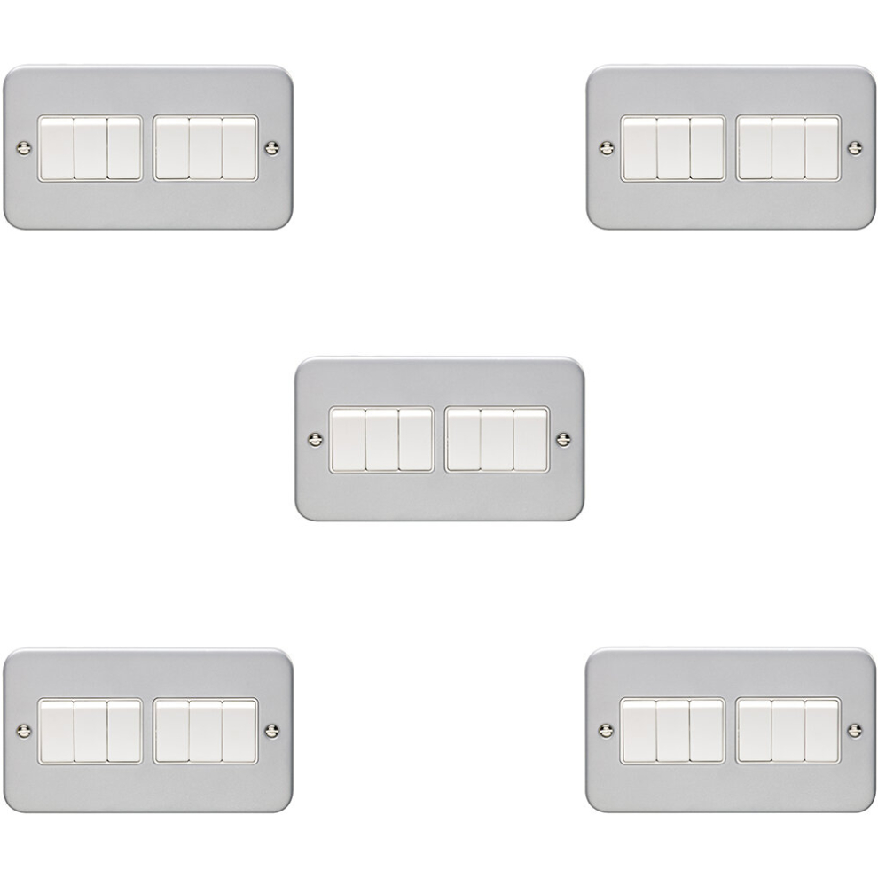 5 PACK 6 Gang Multi Light Switch 2 Way 10A HEAVY DUTY METAL CLAD - White Rocker