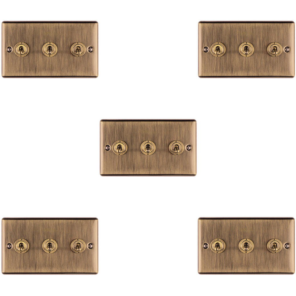 5 PACK 3 Gang Triple Retro Toggle Light Switch ANTIQUE BRASS 10A 2 Way Plate