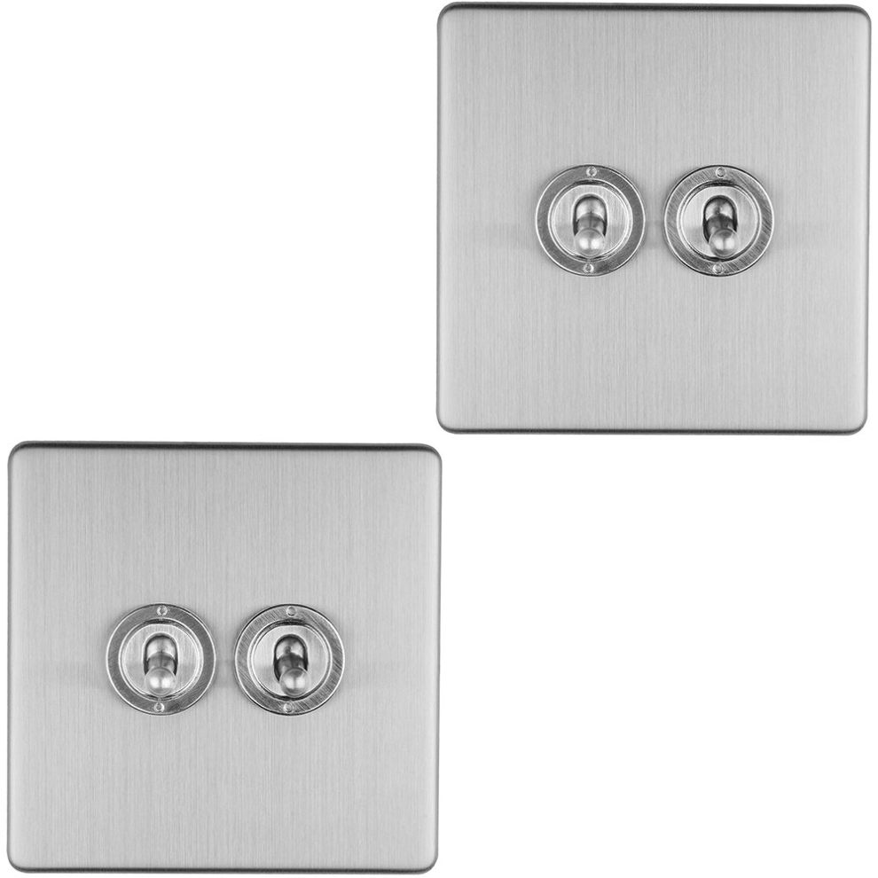 2 PACK 2 Gang Double Retro Toggle Light Switch SCREWLESS SATIN STEEL 10A 2 Way