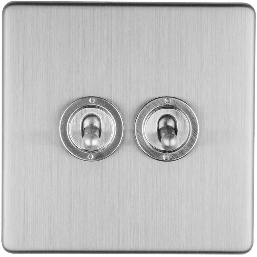 Loops 2 Gang Double Retro Toggle Light Switch Screwless Satin Steel 10A 2 Way Lever