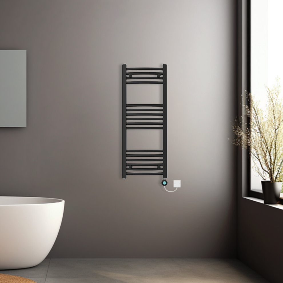 (Black, 1000x400mm) Pre-filled Electric Curved Heated Towel Rail Radiator Thermostatic