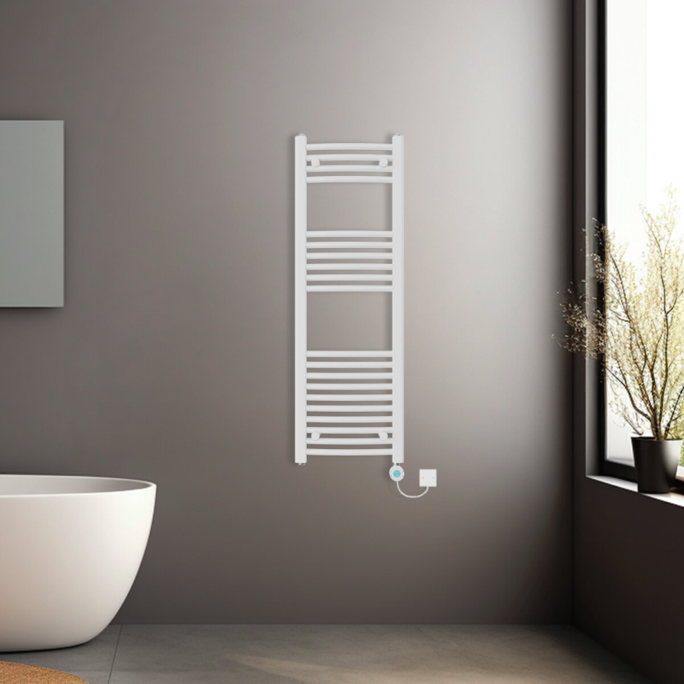 (White, 1200x400mm) Pre-filled Electric Curved Heated Towel Rail Radiator Thermostatic