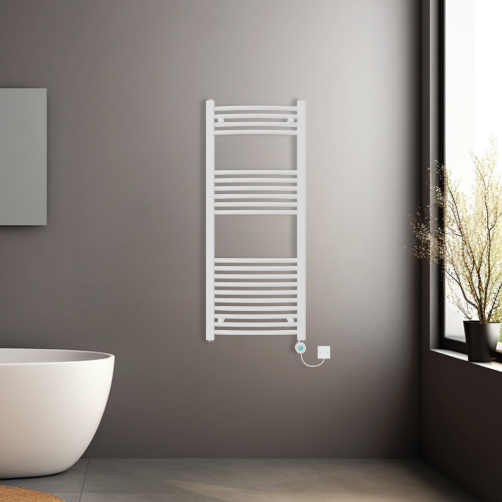 (White, 1200x500mm) Pre-filled Electric Curved Heated Towel Rail Radiator Thermostatic