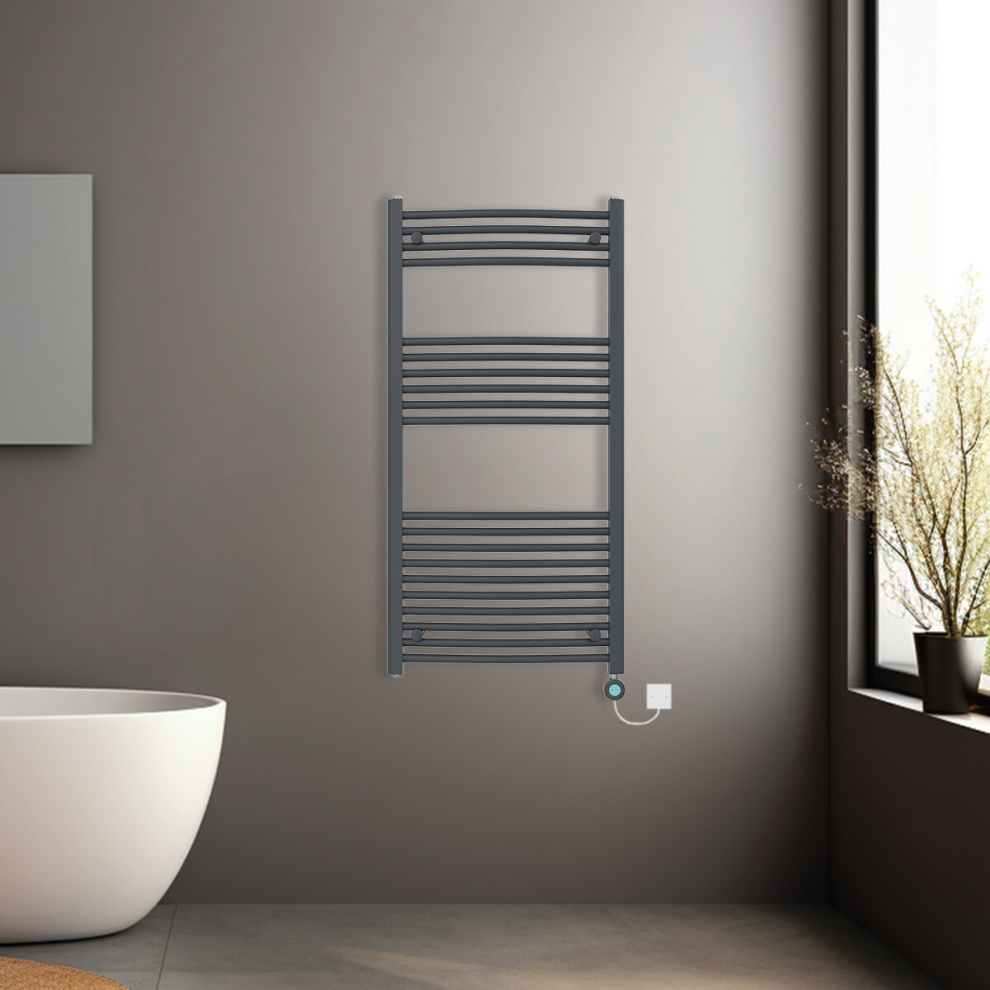 (Anthracite, 1200x600mm) Pre-filled Electric Curved Heated Towel Rail Radiator Thermostatic