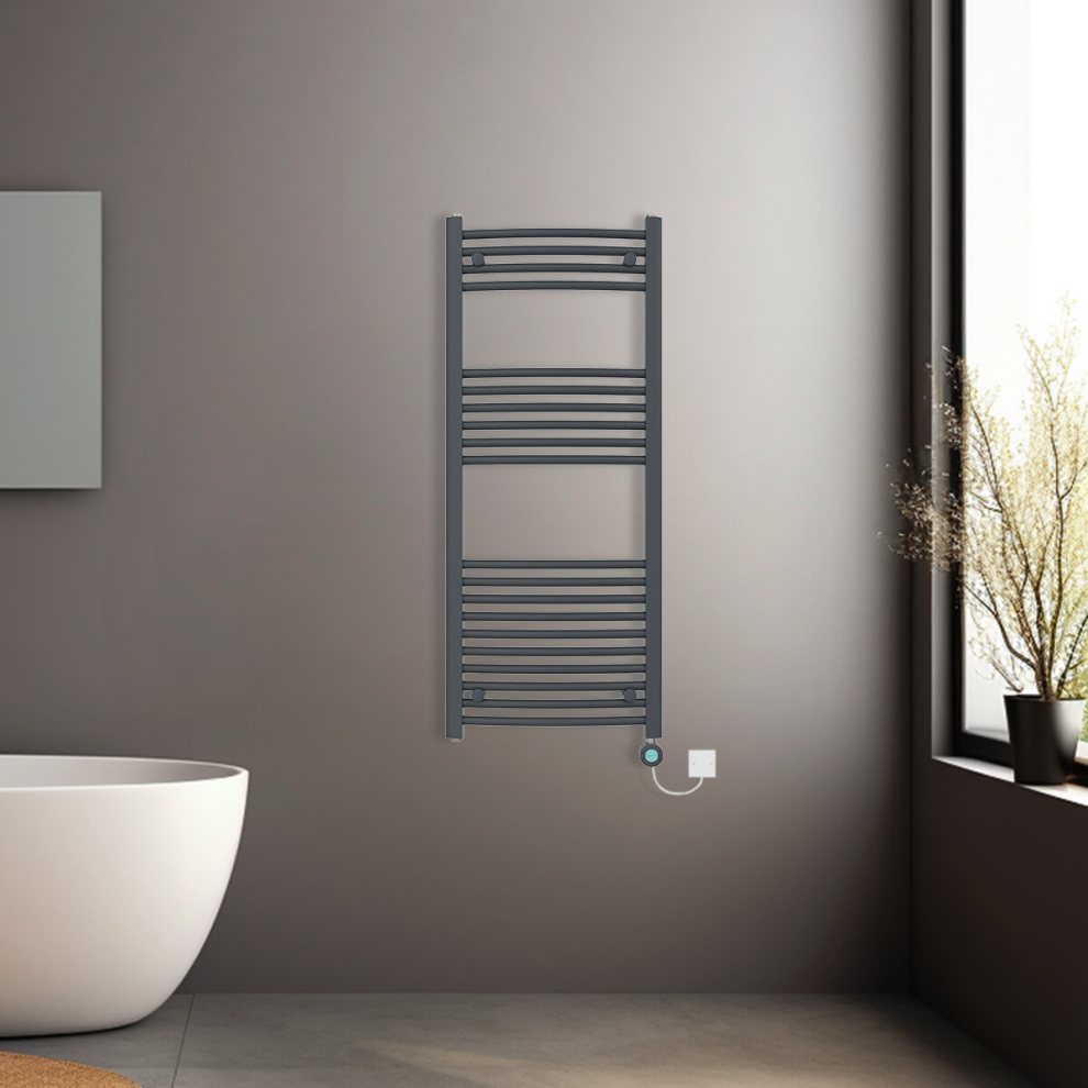 (Anthracite, 1200x500mm) Pre-filled Electric Curved Heated Towel Rail Radiator Thermostatic