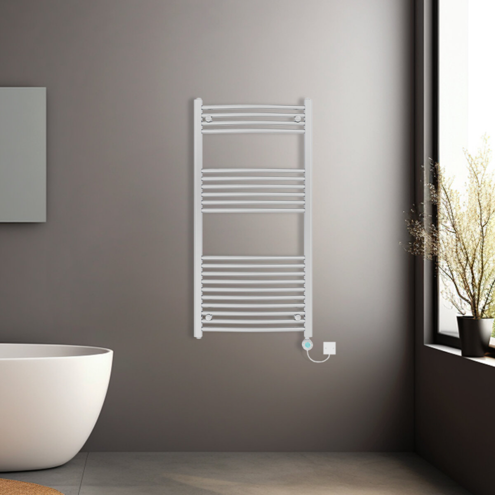 (Chrome, 1200x600mm) Pre-filled Electric Curved Heated Towel Rail Radiator Thermostatic