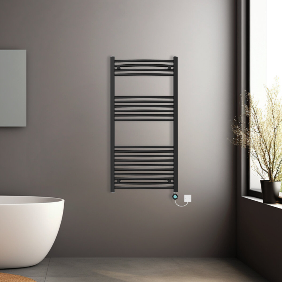 (Black, 1200x600mm) Pre-filled Electric Curved Heated Towel Rail Radiator Thermostatic