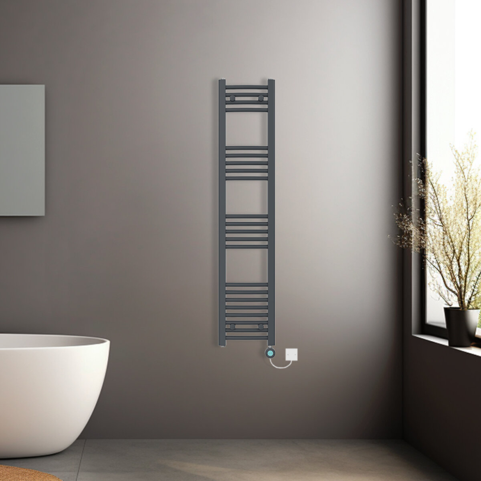 (Anthracite, 1400x300mm) Pre-filled Electric Curved Heated Towel Rail Radiator Thermostatic