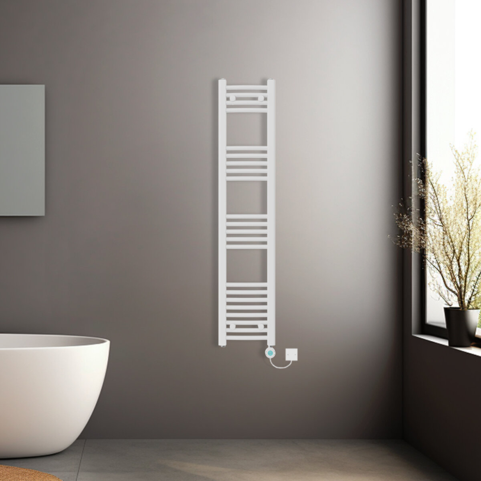 (White, 1400x300mm) Pre-filled Electric Curved Heated Towel Rail Radiator Thermostatic