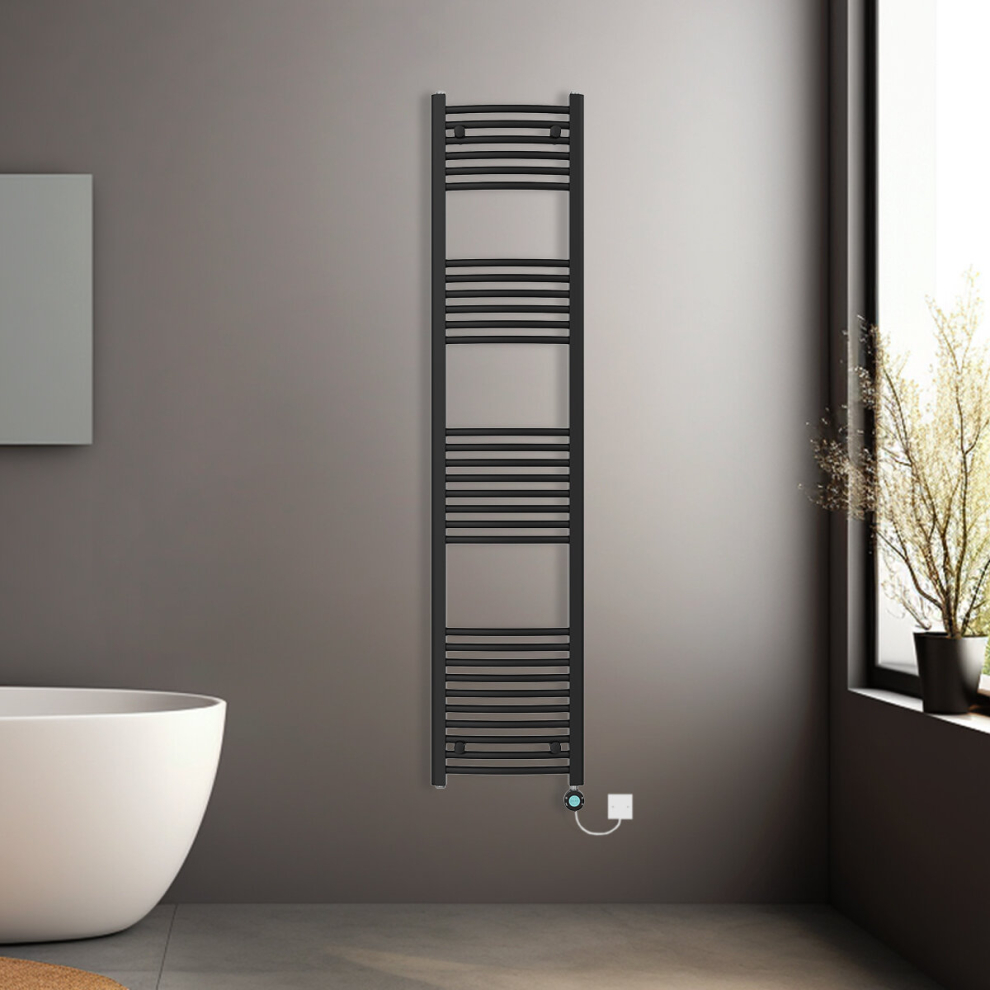 (Black, 1800x400mm) Pre-filled Electric Curved Heated Towel Rail Radiator Thermostatic