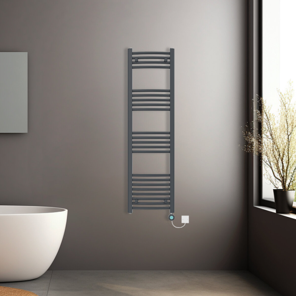 (Anthracite, 1400x400mm) Pre-filled Electric Curved Heated Towel Rail Radiator Thermostatic