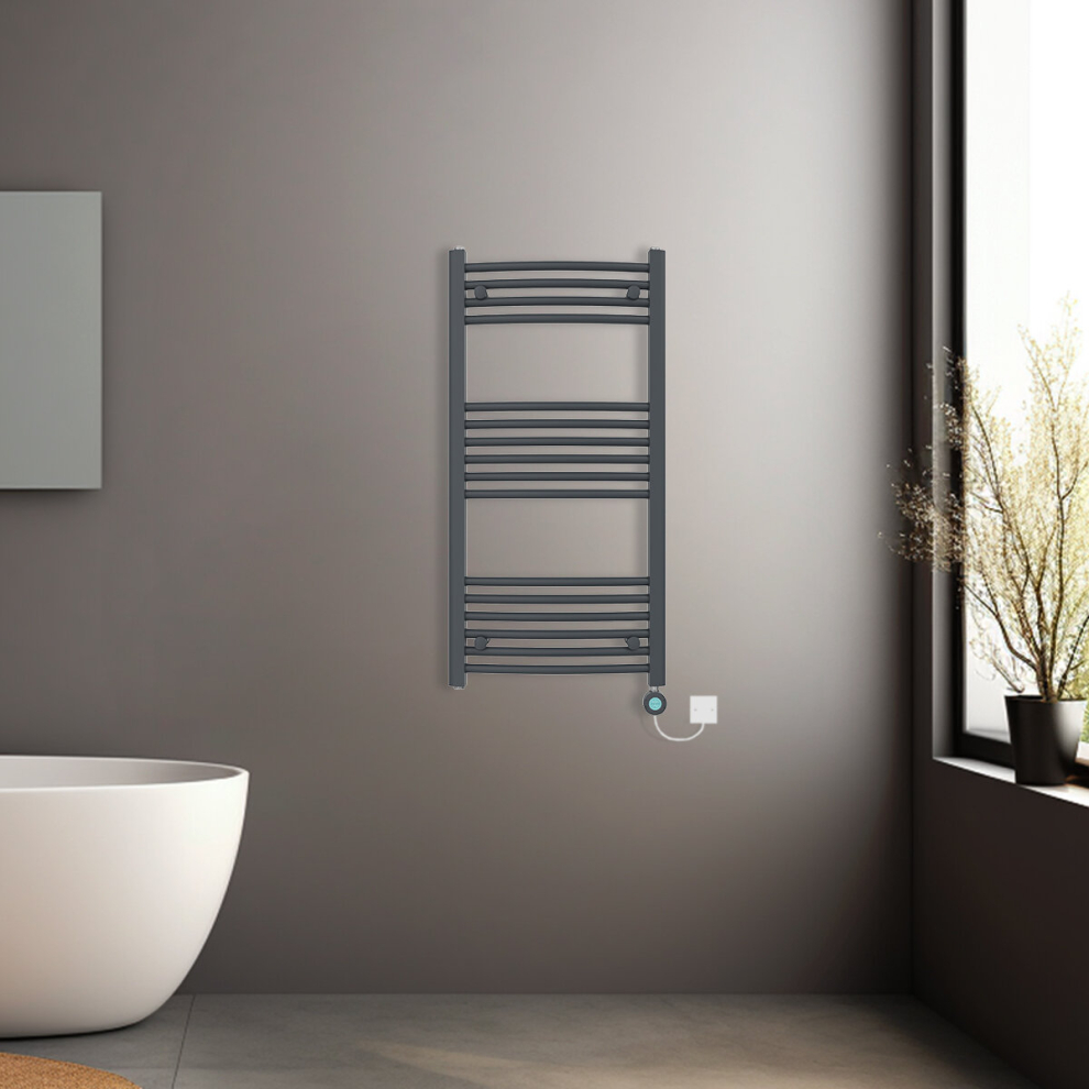 (Anthracite, 1000x500mm) Pre-filled Electric Curved Heated Towel Rail Radiator Thermostatic