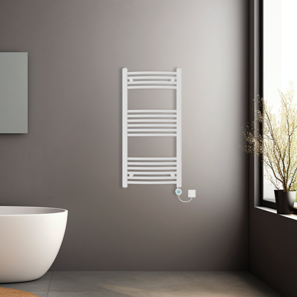 (White, 1000x500mm) Pre-filled Electric Curved Heated Towel Rail Radiator Thermostatic