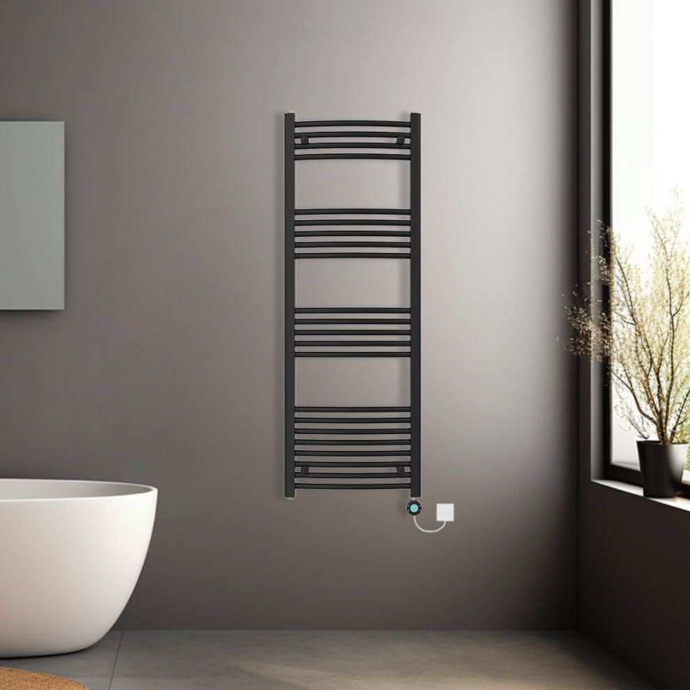 (Black, 1400x500mm) Pre-filled Electric Curved Heated Towel Rail Radiator Thermostatic