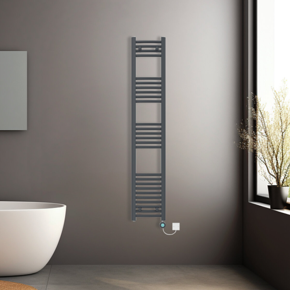 (Anthracite, 1600x300mm) Pre-filled Electric Curved Heated Towel Rail Radiator Thermostatic