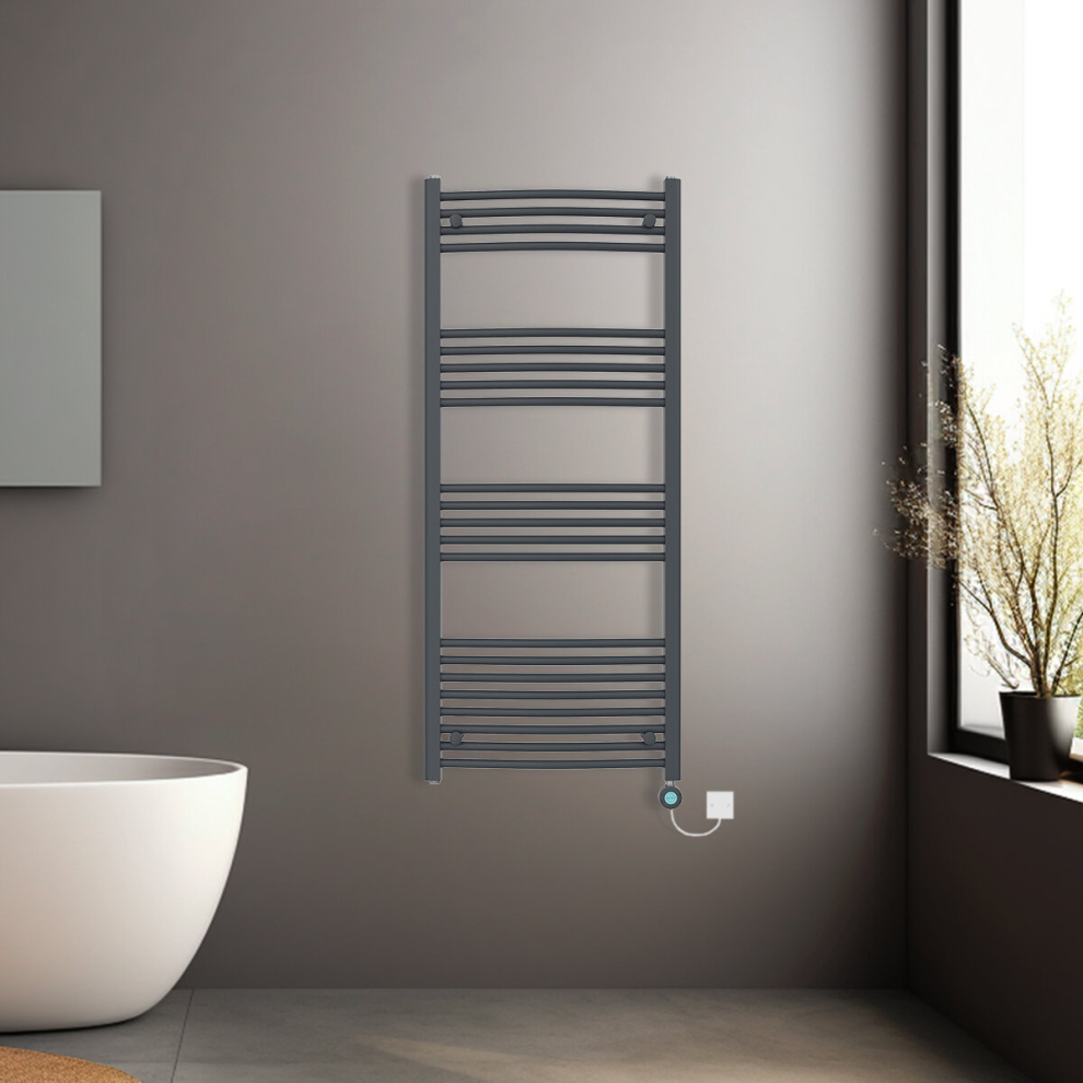 (Anthracite, 1400x600mm) Pre-filled Electric Curved Heated Towel Rail Radiator Thermostatic