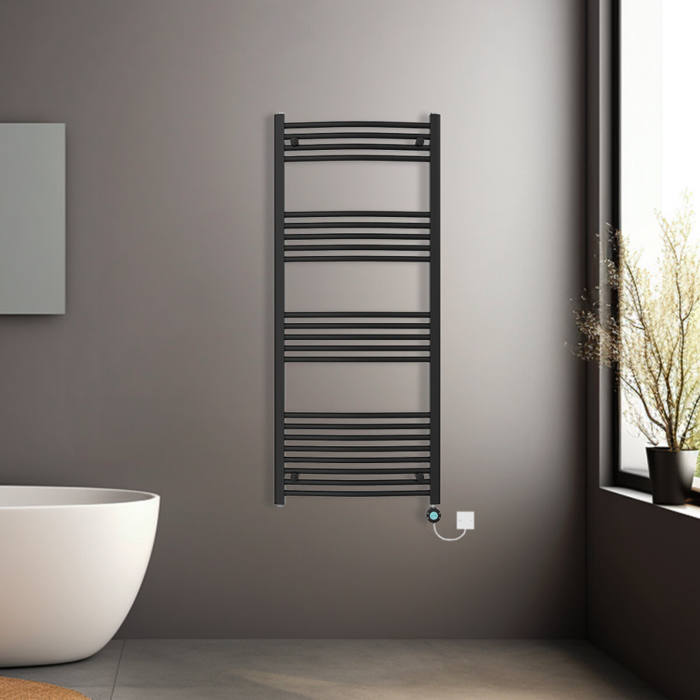 (Black, 1400x600mm) Pre-filled Electric Curved Heated Towel Rail Radiator Thermostatic