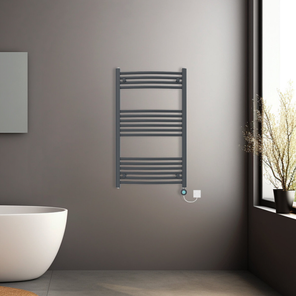 (Anthracite, 1000x600mm) Pre-filled Electric Curved Heated Towel Rail Radiator Thermostatic