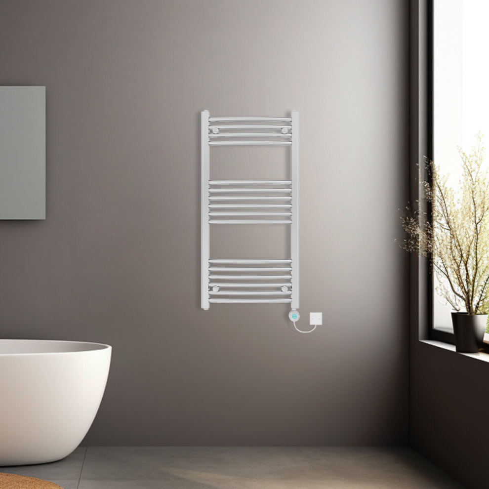 (Chrome, 1000x500mm) Pre-filled Electric Curved Heated Towel Rail Radiator Thermostatic