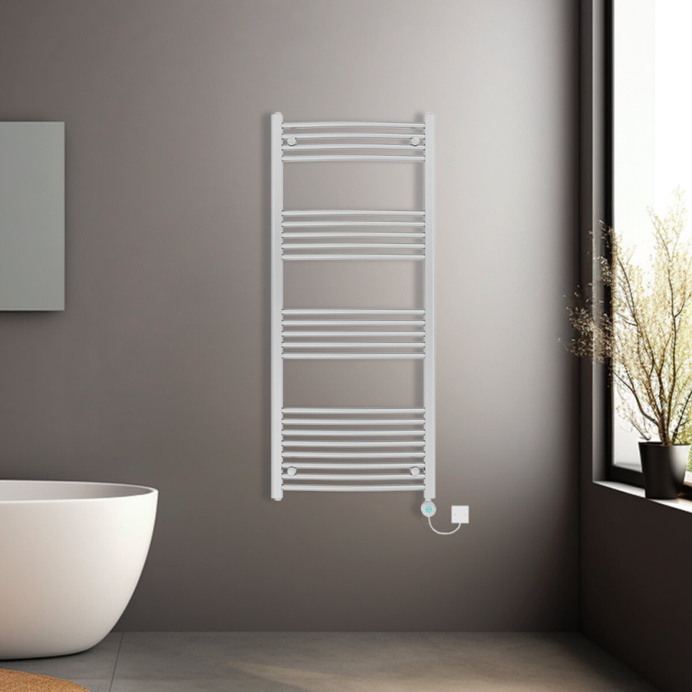 (Chrome, 1400x600mm) Pre-filled Electric Curved Heated Towel Rail Radiator Thermostatic