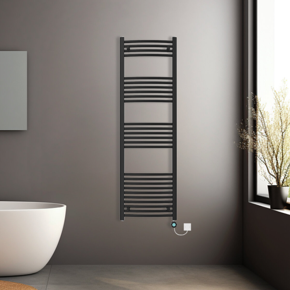 (Black, 1600x500mm) Pre-filled Electric Curved Heated Towel Rail Radiator Thermostatic