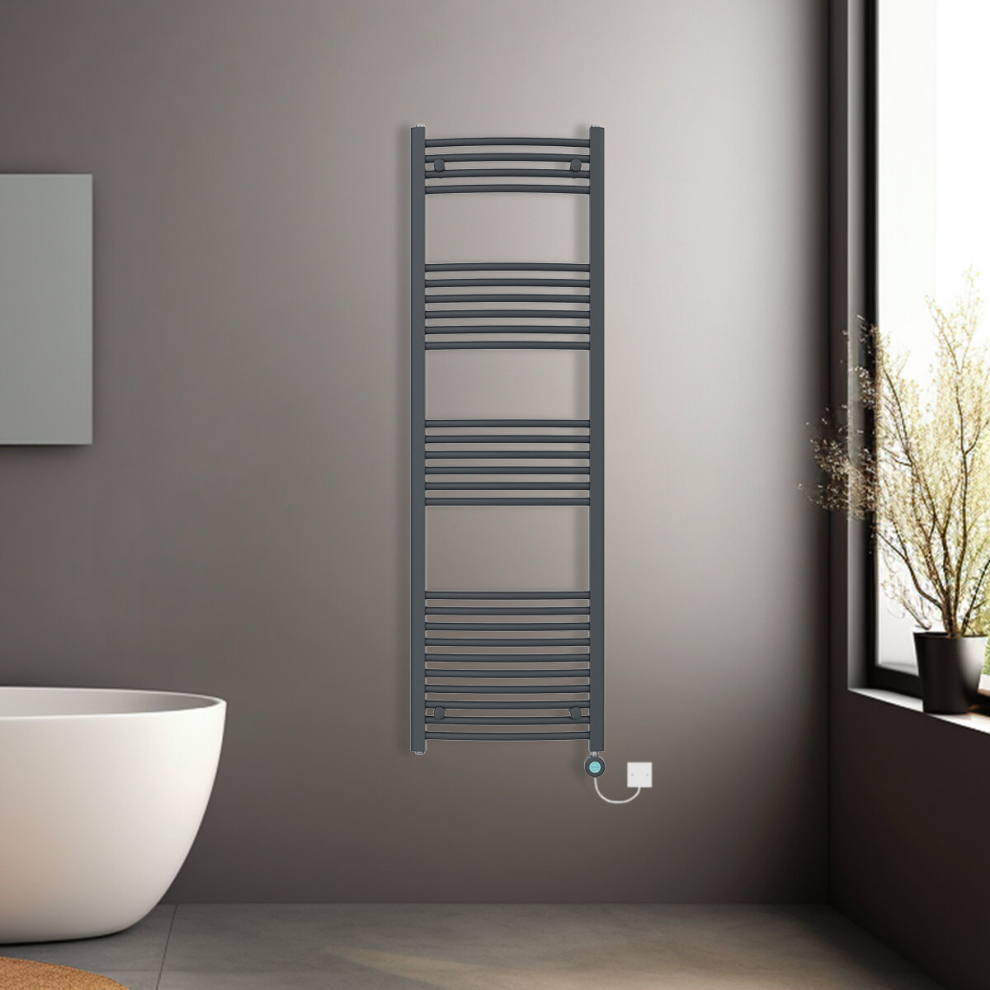 (Anthracite, 1600x500mm) Pre-filled Electric Curved Heated Towel Rail Radiator Thermostatic