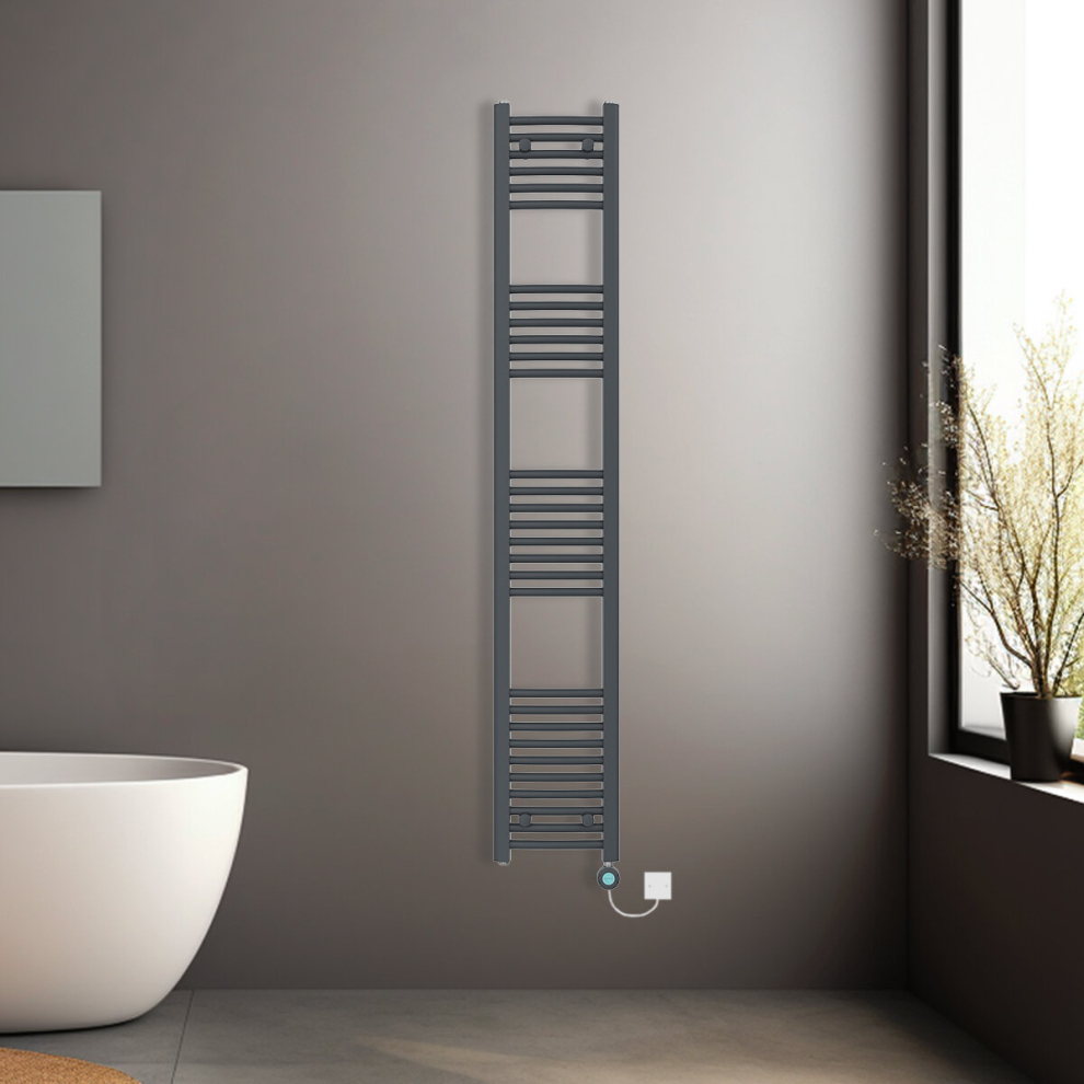 (Anthracite, 1800x300mm) Pre-filled Electric Curved Heated Towel Rail Radiator Thermostatic