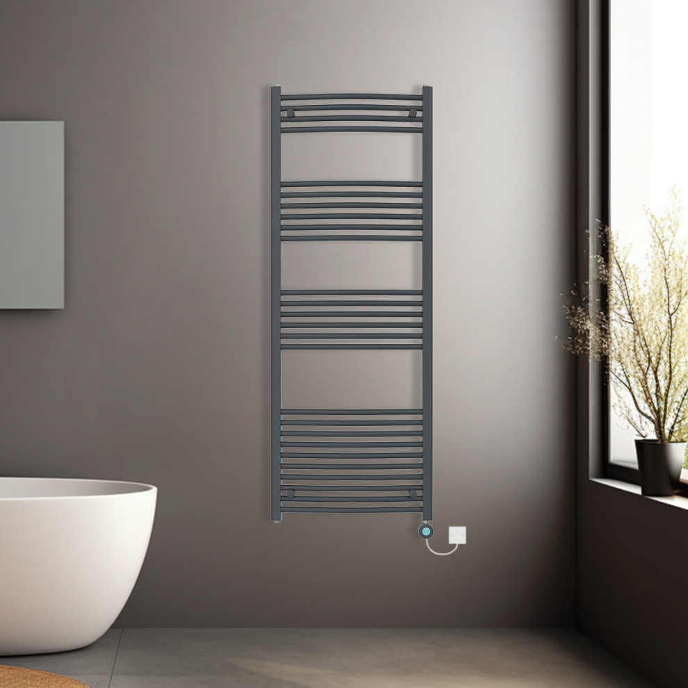 (Anthracite, 1600x600mm) Pre-filled Electric Curved Heated Towel Rail Radiator Thermostatic