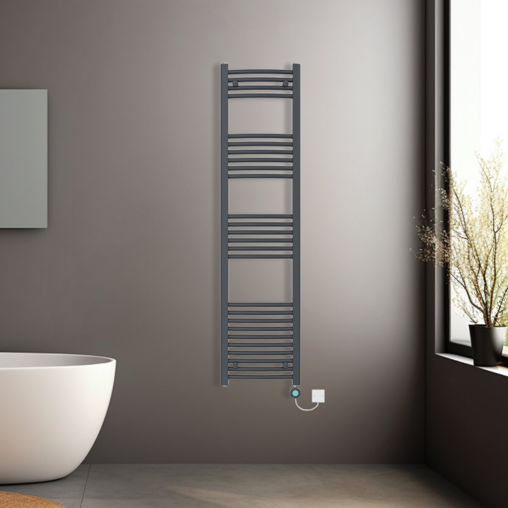 (Anthracite, 1600x400mm) Pre-filled Electric Curved Heated Towel Rail Radiator Thermostatic