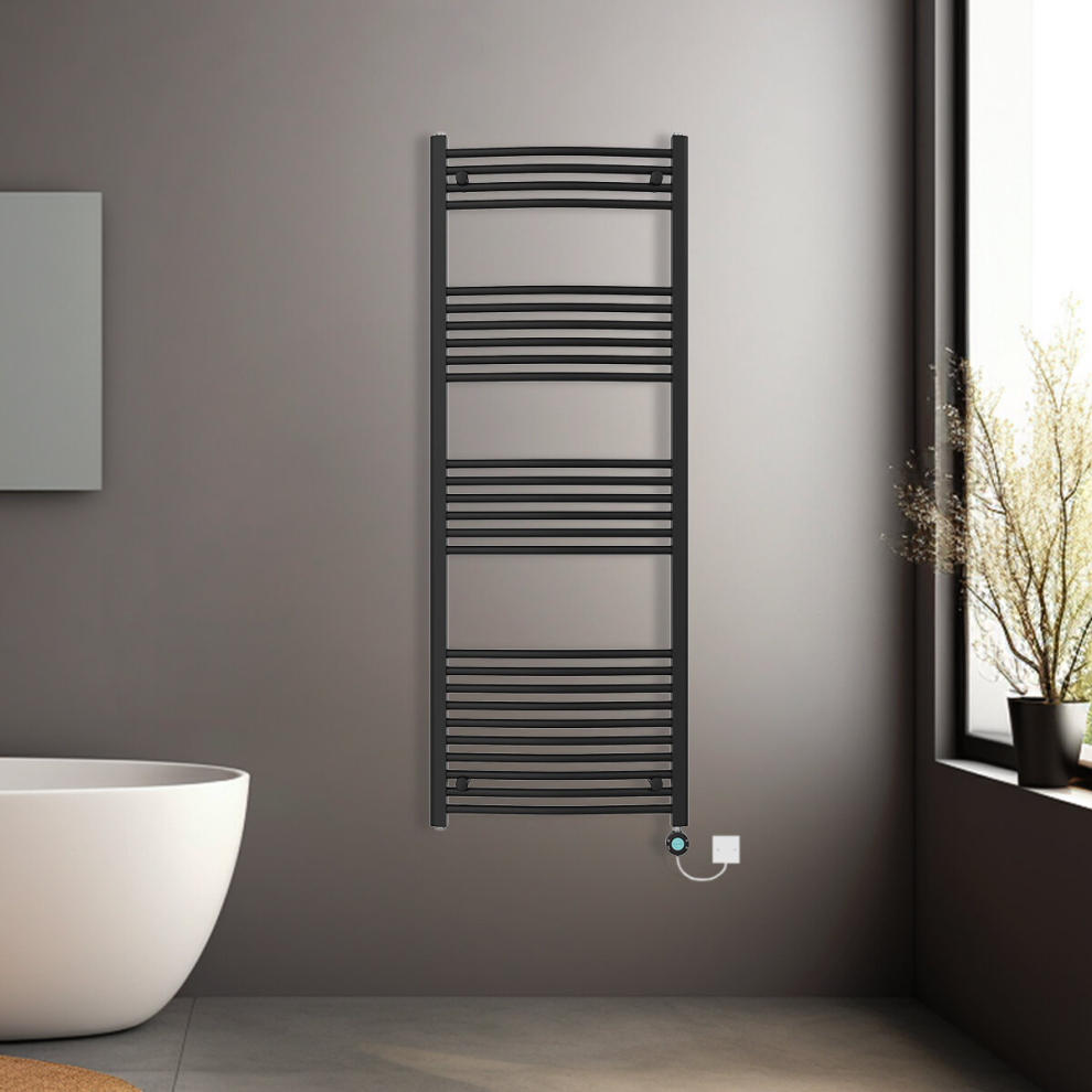 (Black, 1600x600mm) Pre-filled Electric Curved Heated Towel Rail Radiator Thermostatic