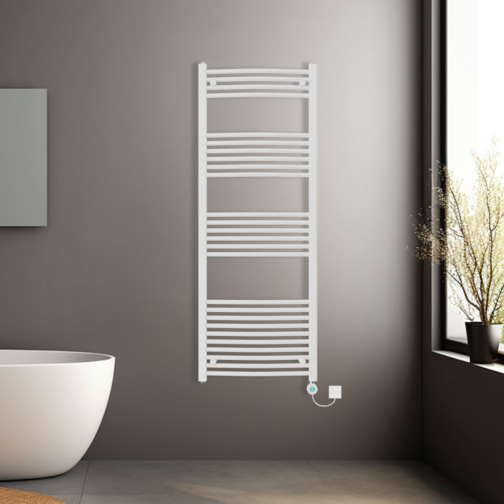 (White, 1600x600mm) Pre-filled Electric Curved Heated Towel Rail Radiator Thermostatic