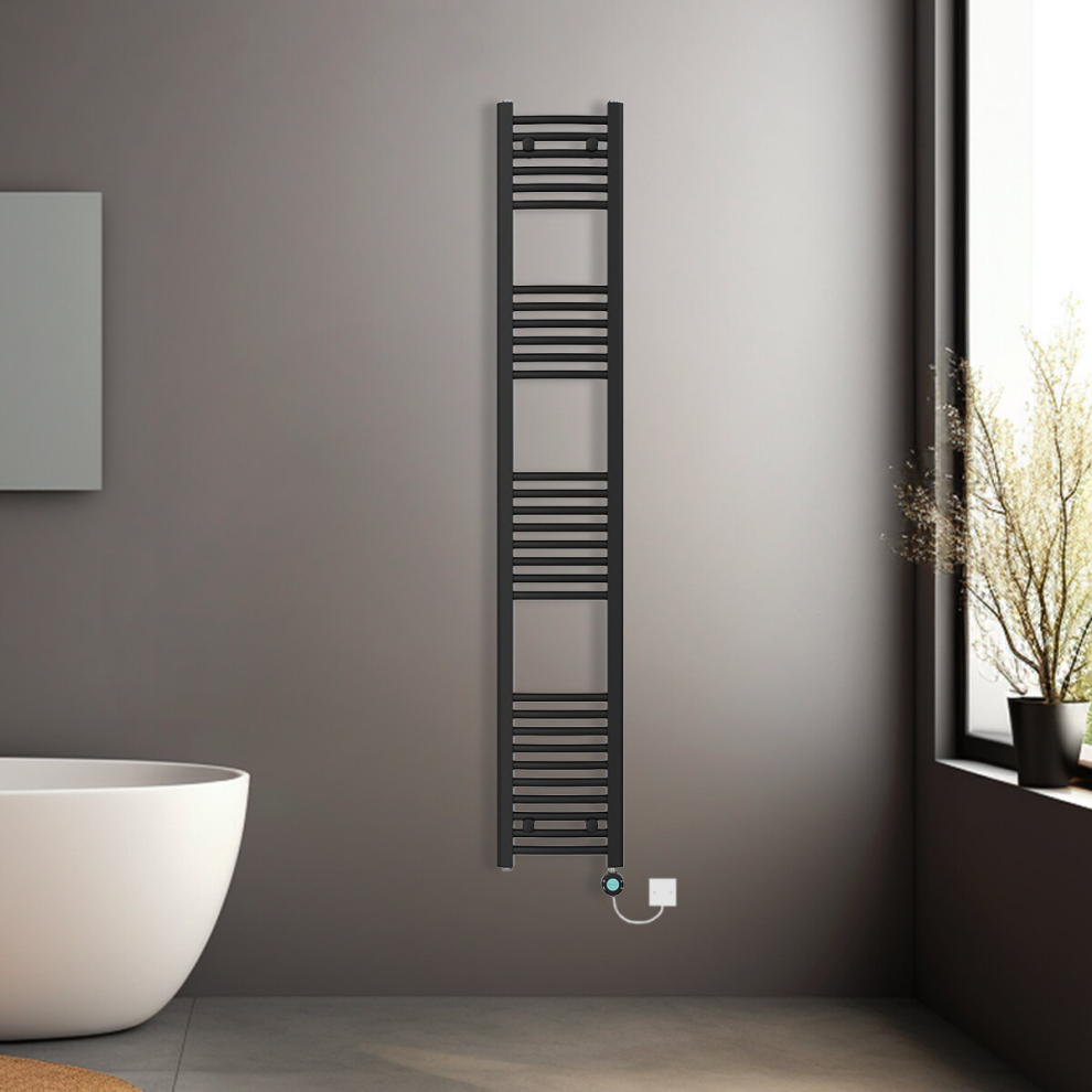 (Black, 1800x300mm) Pre-filled Electric Curved Heated Towel Rail Radiator Thermostatic