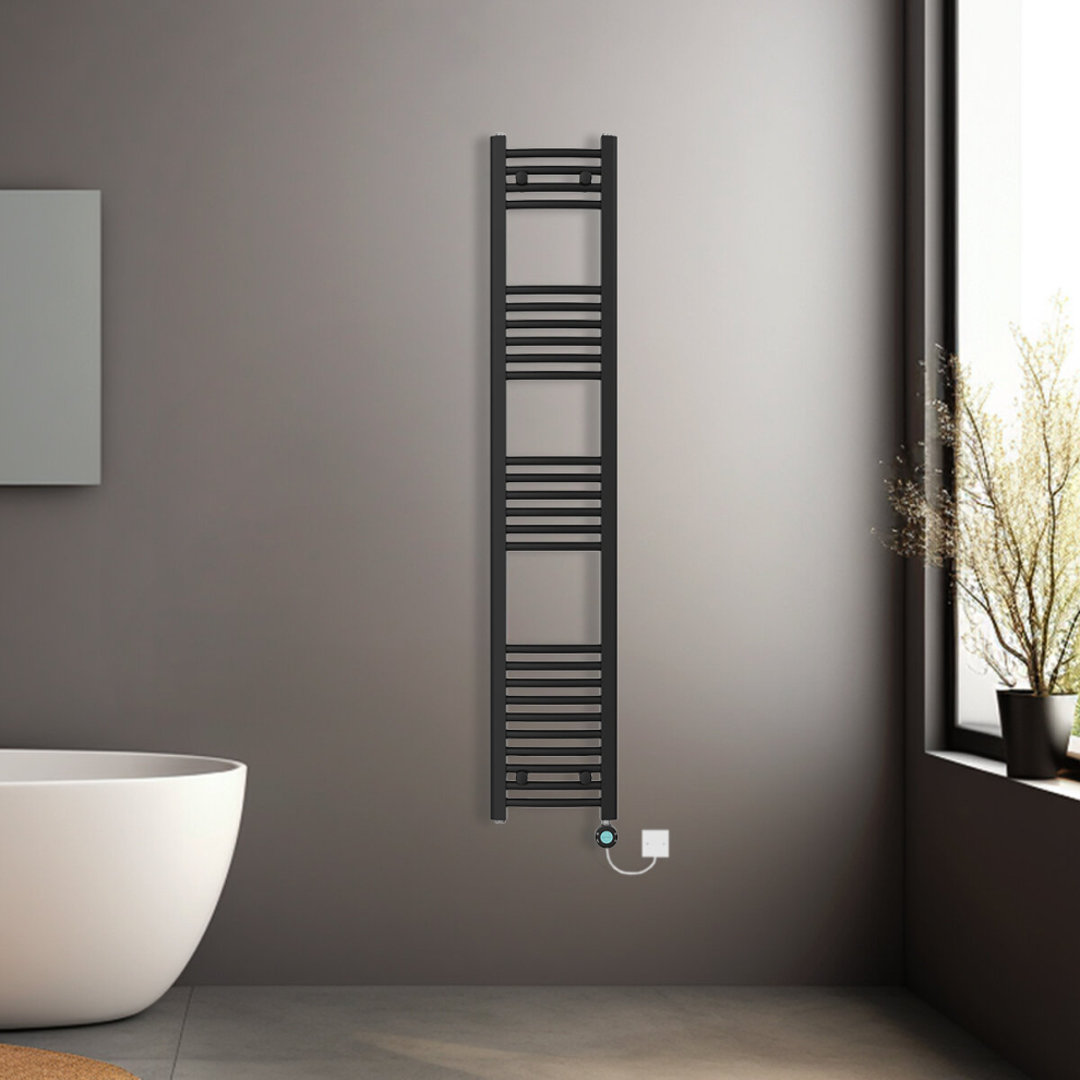 (Black, 1600x300mm) Pre-filled Electric Curved Heated Towel Rail Radiator Thermostatic