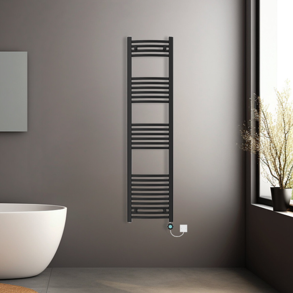 (Black, 1600x400mm) Pre-filled Electric Curved Heated Towel Rail Radiator Thermostatic