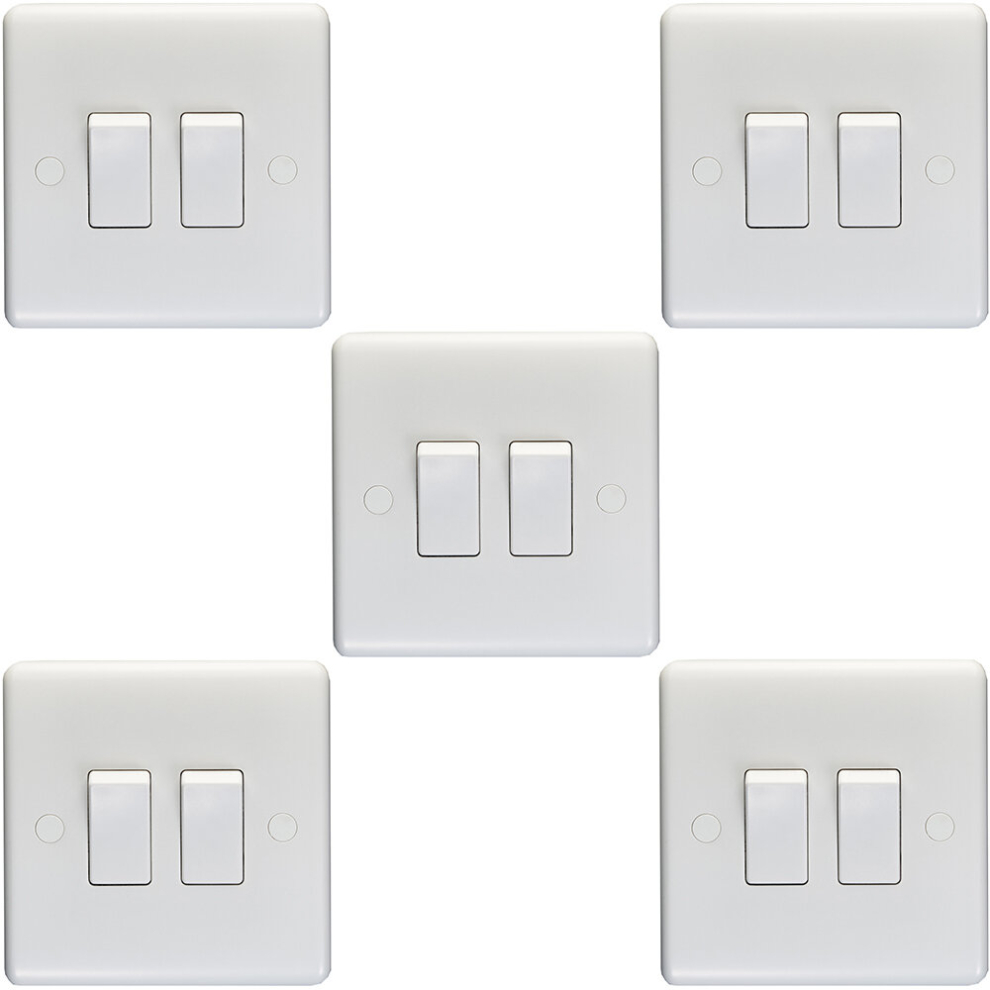 5 PACK 2 Gang Double 10A Light Switch 2 Way - WHITE PLASTIC Wall Plate Rocker