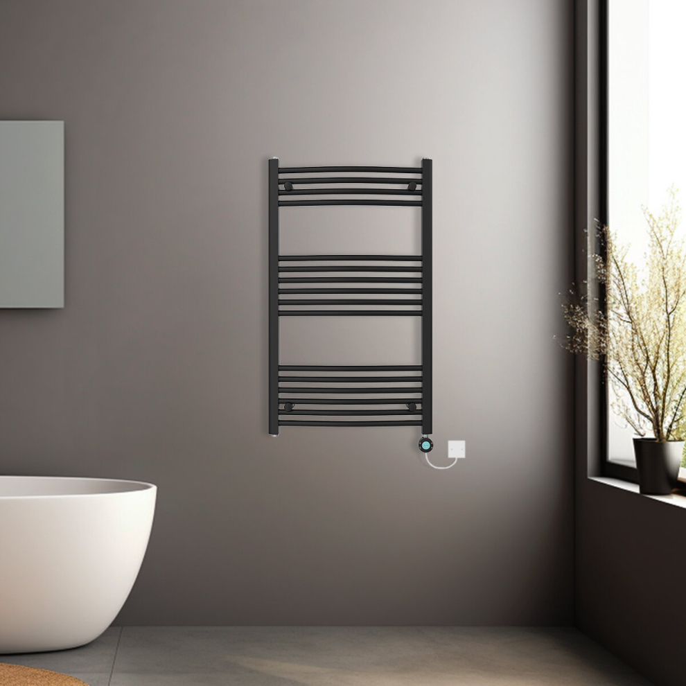 (Black, 1000x600mm) Pre-filled Electric Curved Heated Towel Rail Radiator Thermostatic