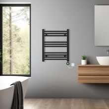 (Black, 600x500mm) Pre-filled Bathroom Straight Electric Heated Towel Rail Radiator Thermostatic